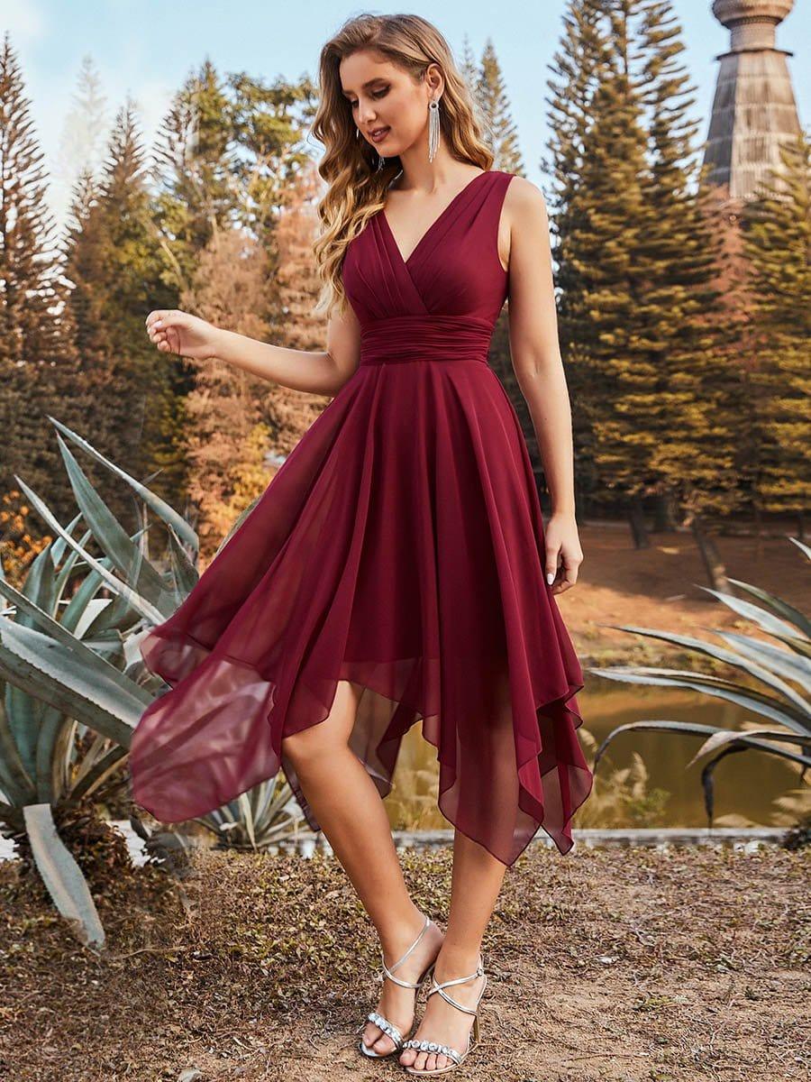 Hot V Neck Ruched Asymmetrical Hems Midi Chiffon Bridesmaid Dress #color_Burgundy