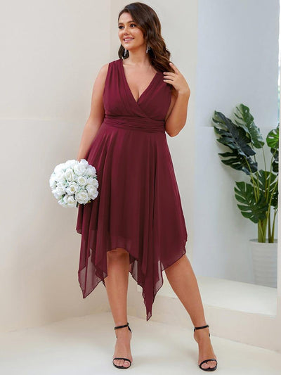 Plus Size Double V Neck Ruched-Waist Midi Chiffon Bridesmaid Dress #color_Burgundy