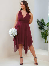 Plus Size Double V Neck Ruched-Waist Midi Chiffon Bridesmaid Dress #color_Burgundy