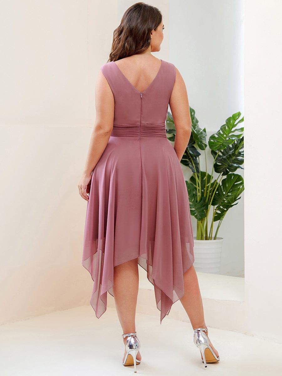 Hot V Neck Ruched Asymmetrical Hems Midi Chiffon Bridesmaid Dress #color_Purple Orchid