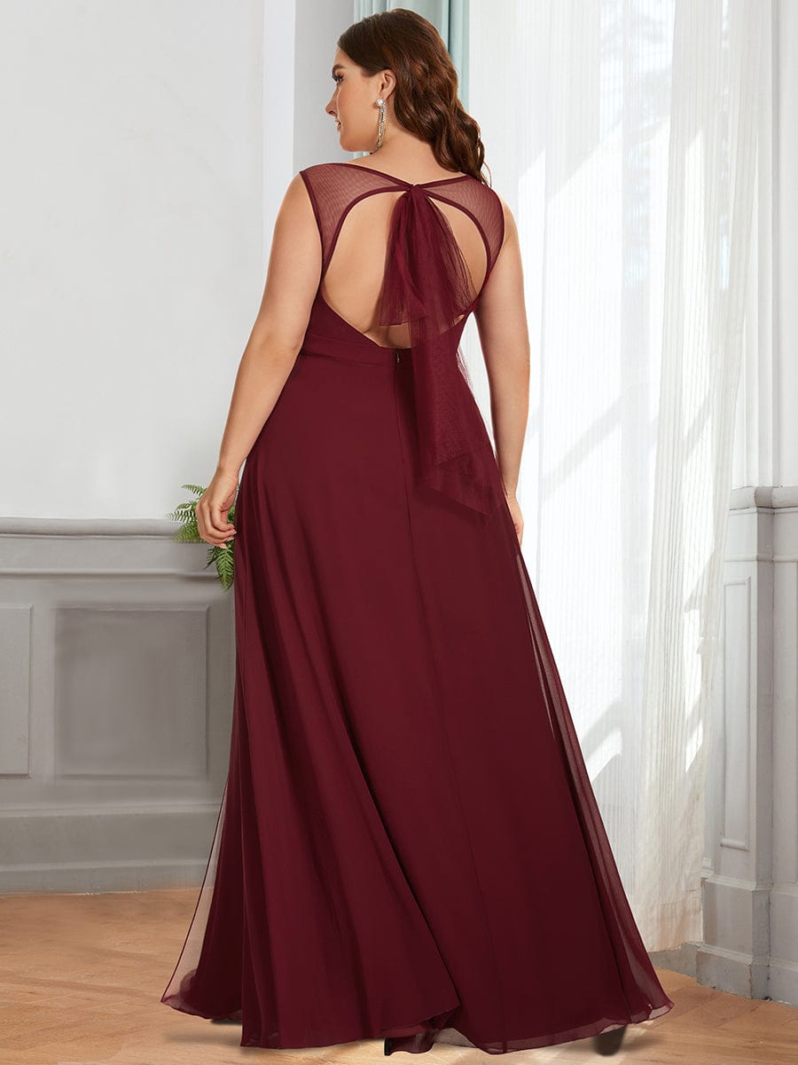 Bow Tie Backless Chiffon High Slit Bridesmaid Dress #color_Burgundy 