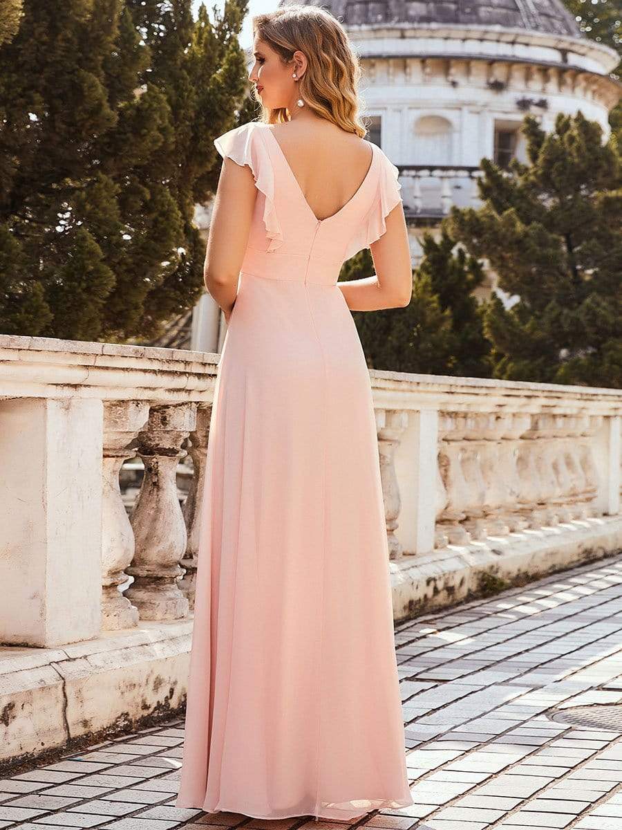 Sweet Pleated Bodice Ruffle Sleeve Long Bridesmaid Dress #color_Pink 