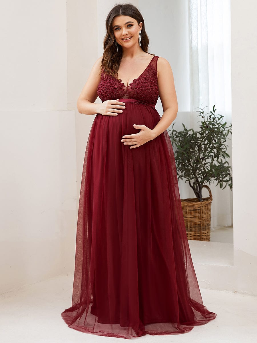 Plus Size Double V-Neck Lace Bodice Long Flowy Maternity Dress #color_Burgundy