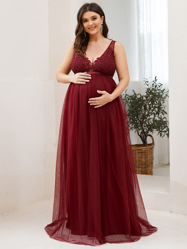 Plus Size Sleeveless Lace VNeck Empire Waist Flowy Maternity Dress