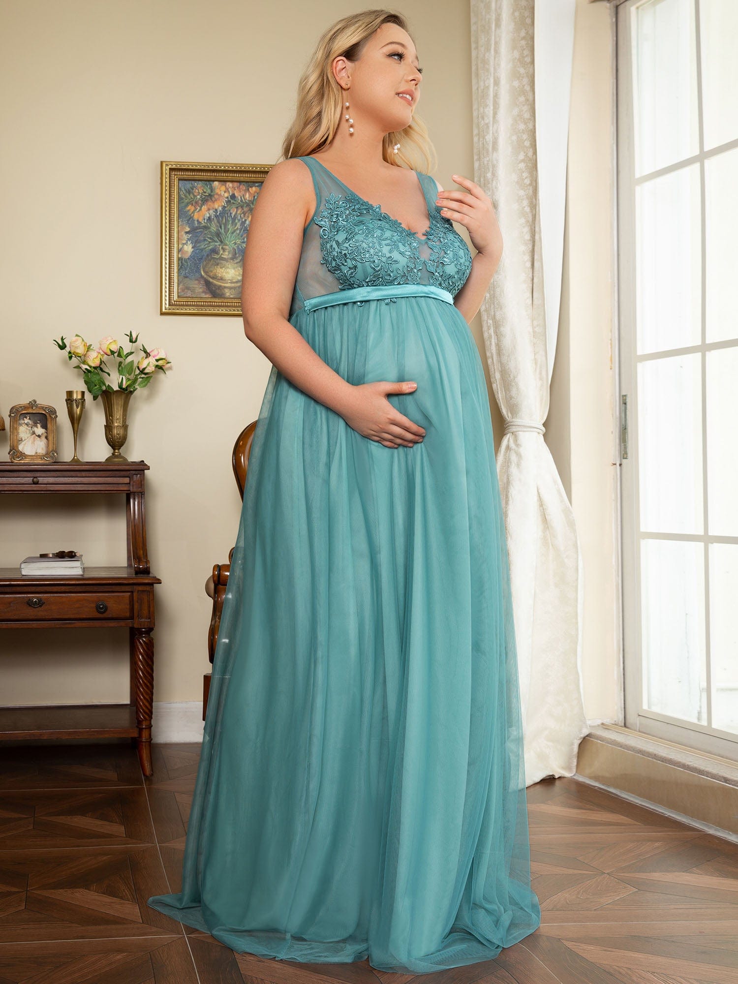 Double V-Neck Lace Bodice Long Flowy Maternity Dress