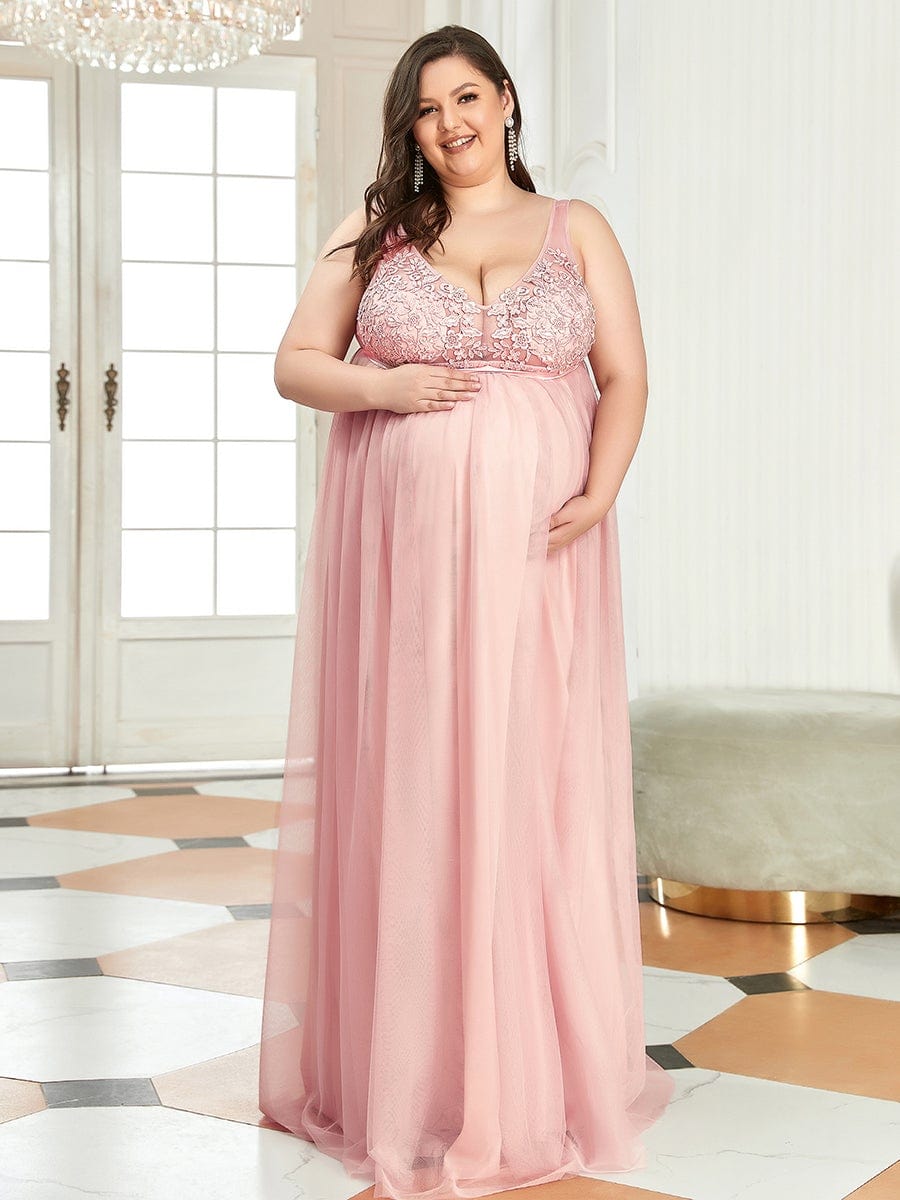 Plus Size Double V-Neck Lace Bodice Long Flowy Maternity Dress #color_Pink