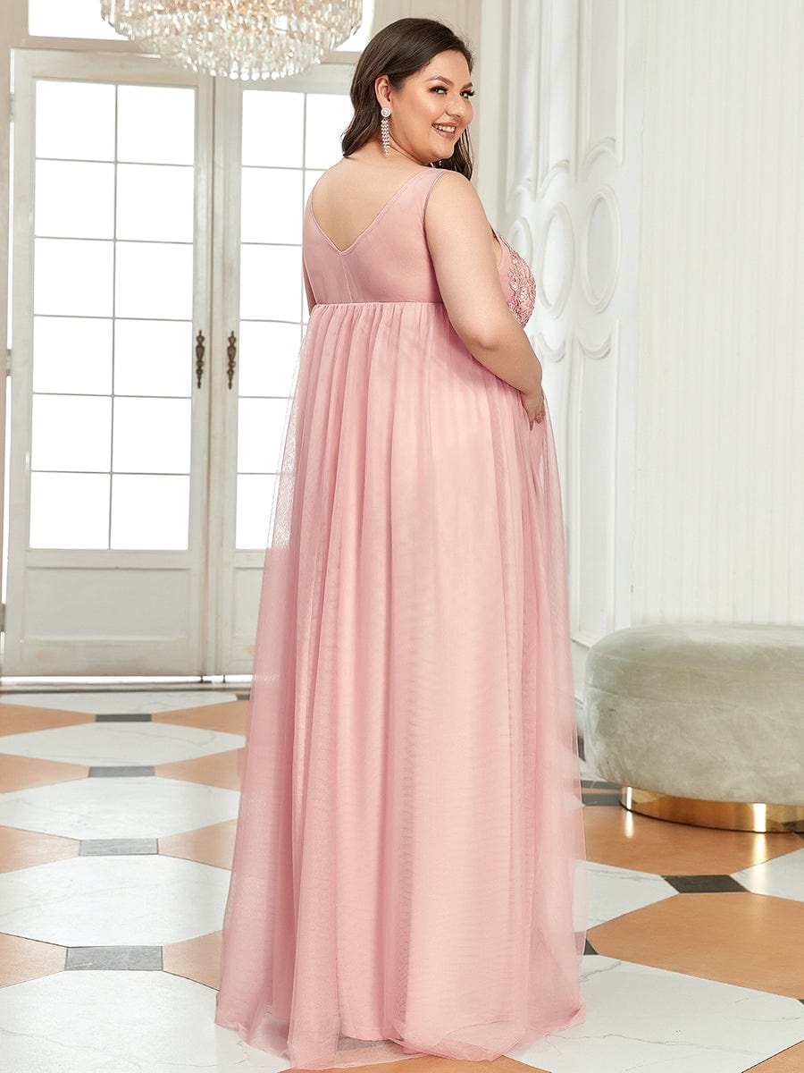 Plus Size Double V-Neck Lace Bodice Long Flowy Maternity Dress #color_Pink