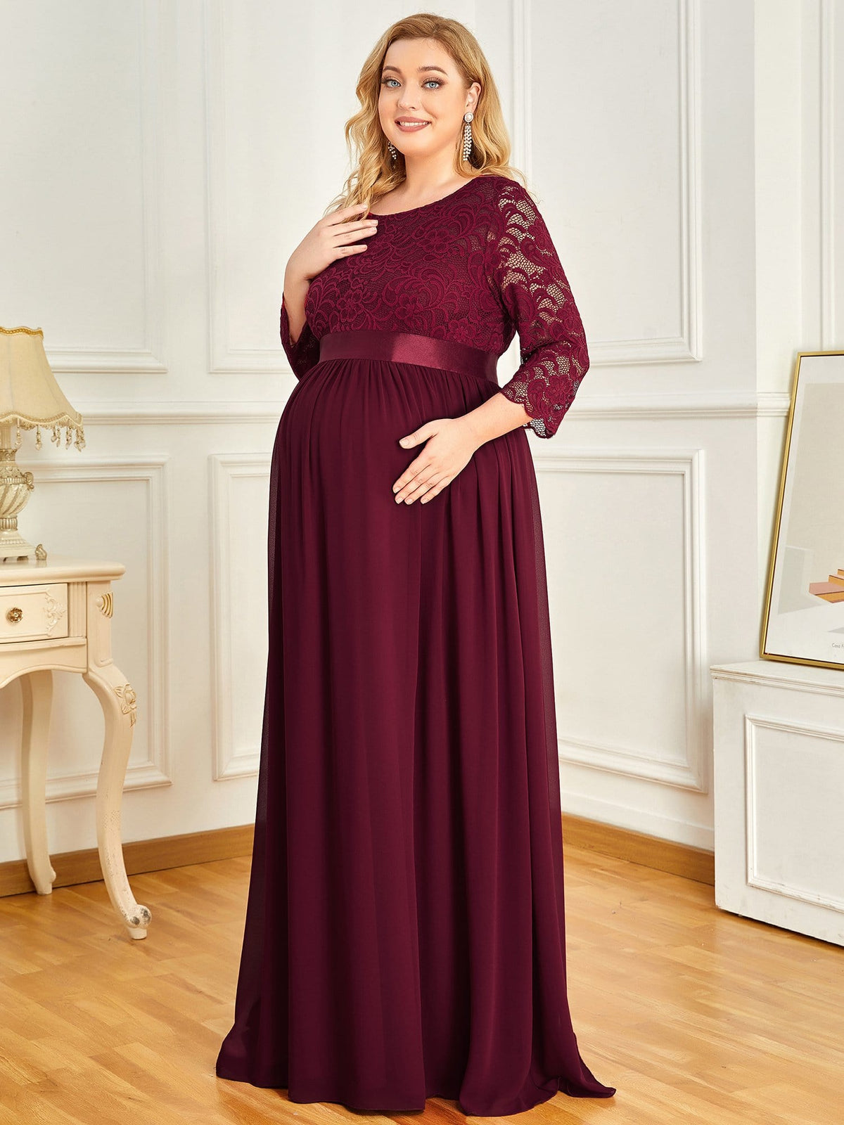 Plus Size Long Lace Sleeve Maternity Formal Dresses #color_Burgundy 