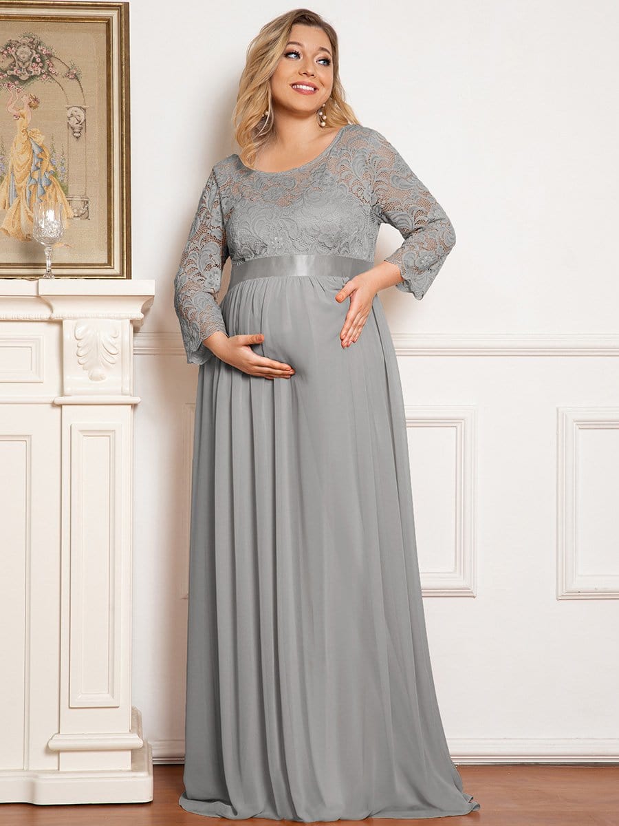 Plus Size Long Lace Sleeve Maternity Formal Dresses #color_Grey 