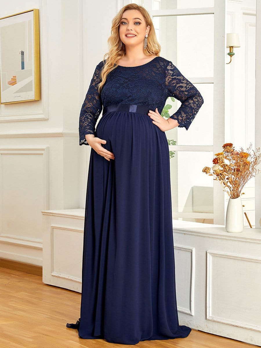Plus Size Long Lace Sleeve Maternity Formal Dresses #color_Navy Blue 