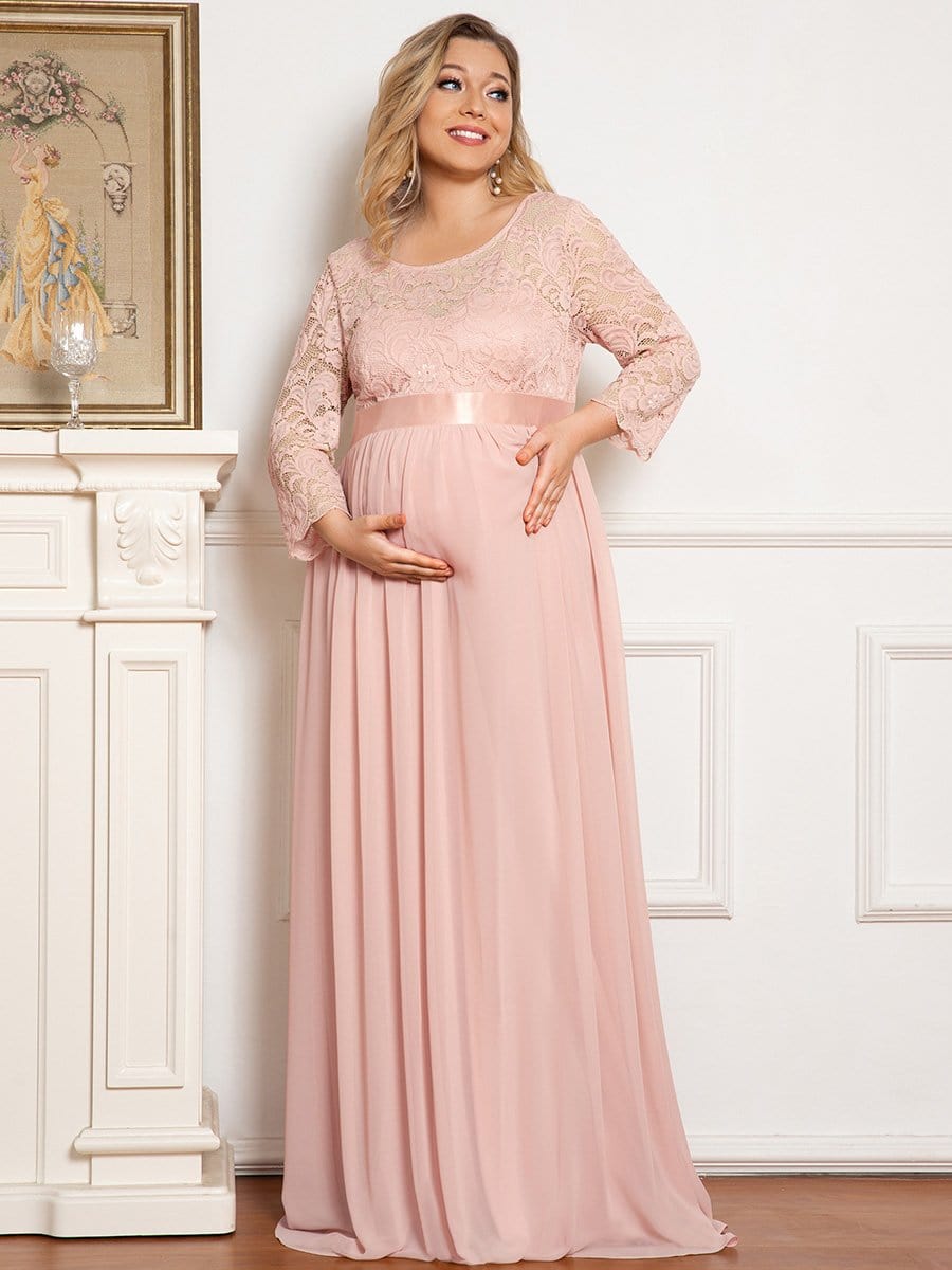 Plus Size Long Lace Sleeve Maternity Formal Dresses #color_Pink 
