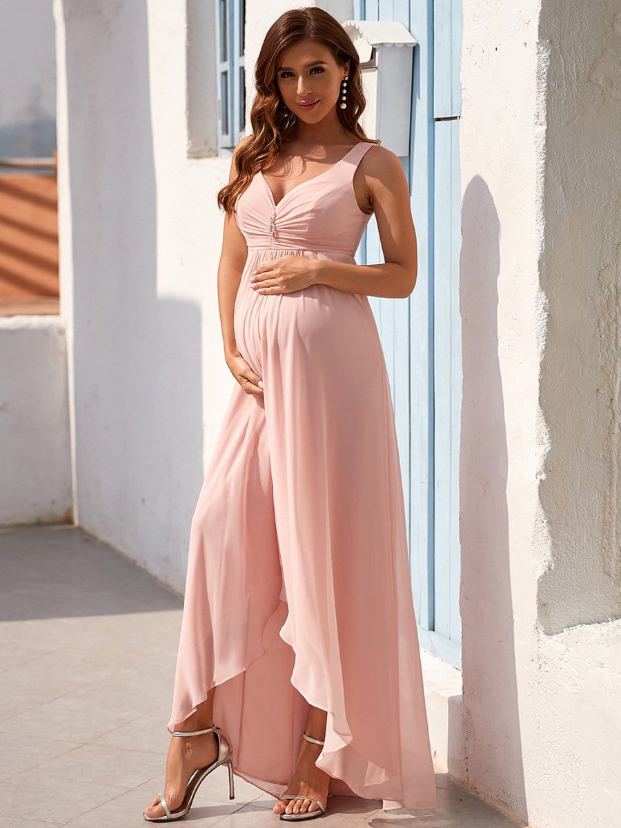Jeweled Top Asymmetrical Formal Maternity Dress #color_Pink 