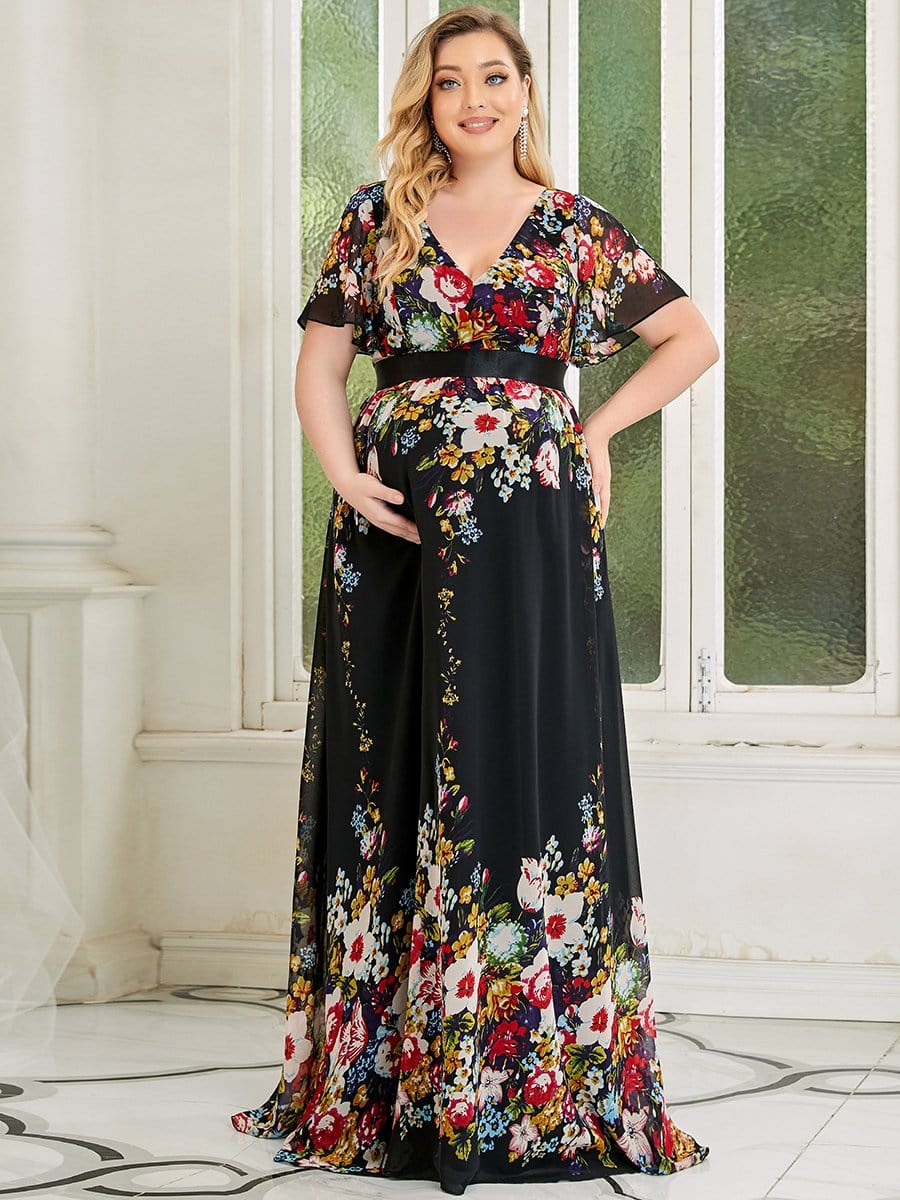 Plus Size Floral Print V-Neck Short Sleeve Ruffle Bump Friendly Dress #color_Black and Printed 