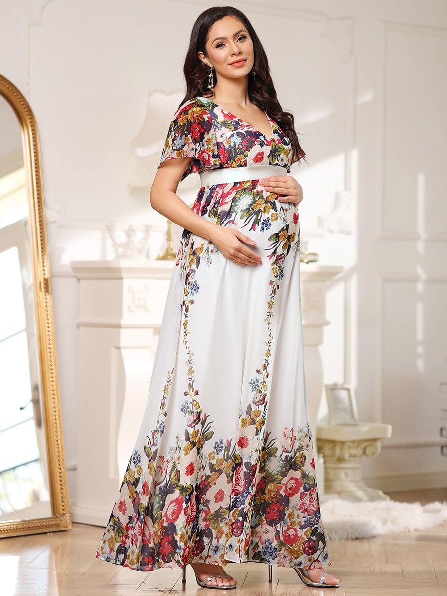 Floral Print V-Neck Short Sleeve Ruffle Maternity Dress