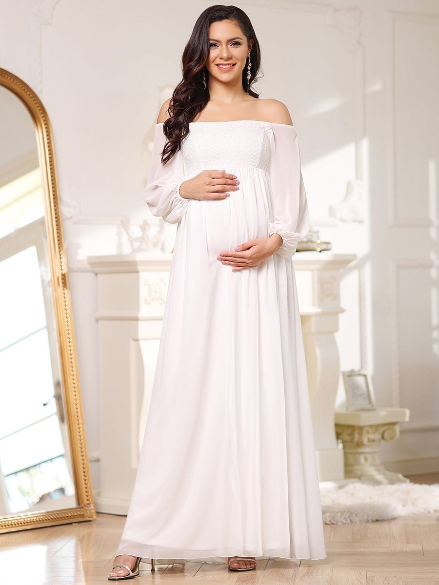 Off-Shoulder Sheer Lace Long Sleeve Maternity Dress