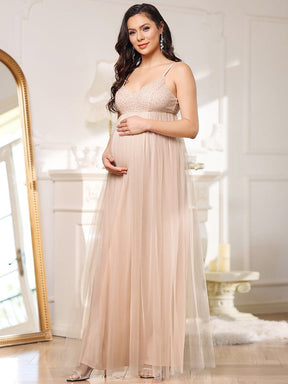 Color=Pink | Sequin Spaghetti Strap A-Line Tulle Formal Maternity Dress-Pink 1