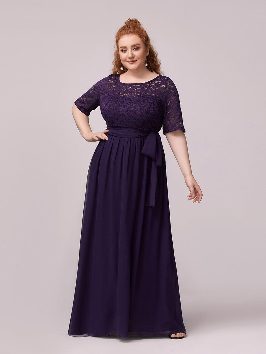 Floral Lace Plus Size Long Formal Dresses With Waistband #color_Dark Purple 