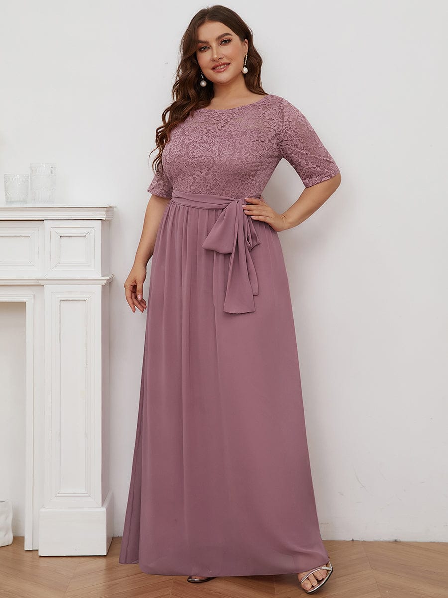 Floral Lace Plus Size Long Formal Dresses With Waistband #color_Purple Orchid 