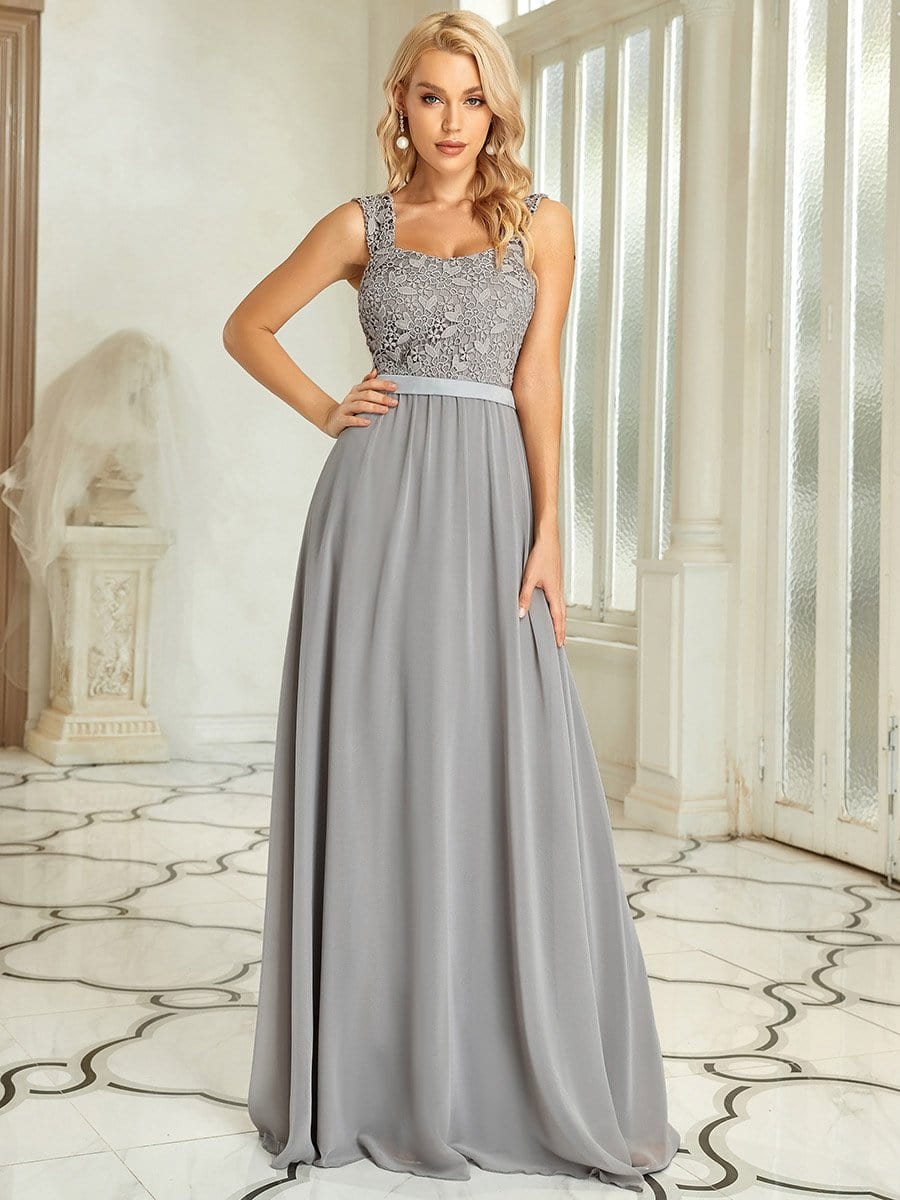 Elegant A Line Long Chiffon Bridesmaid Dress With Lace Bodice #color_Grey 