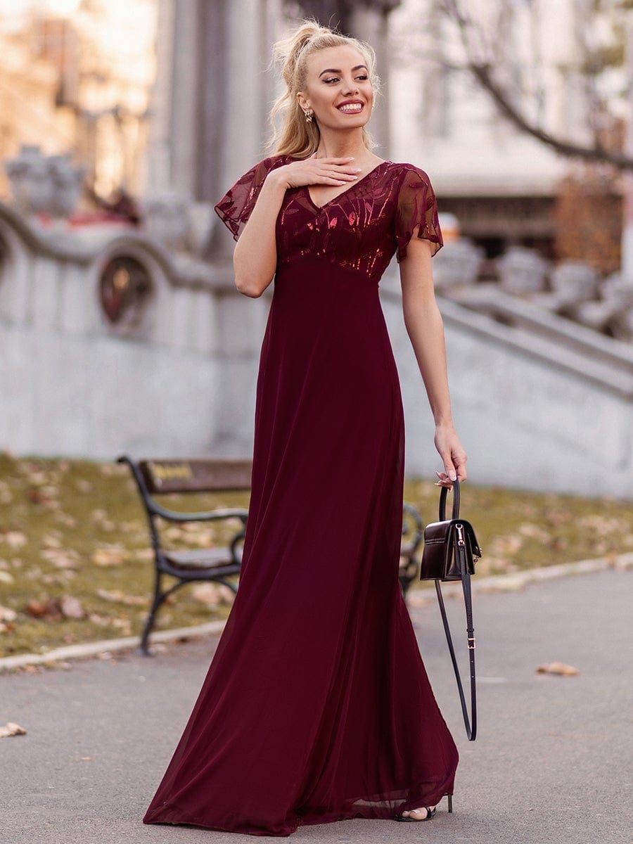 Sequin Print Evening Dresses for Women with Sleeves #color_Burgundy 