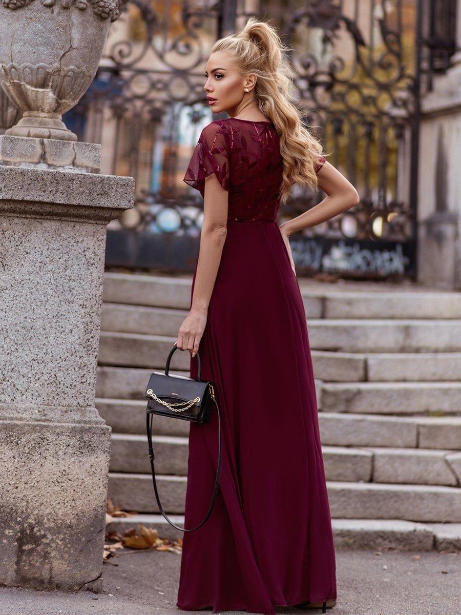 Sequin Print Evening Dresses for Women with Sleeves #color_Burgundy 