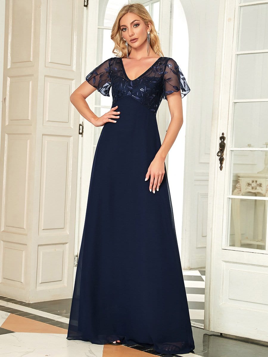Sequin Print Evening Dresses for Women with Sleeves #color_Navy Blue 