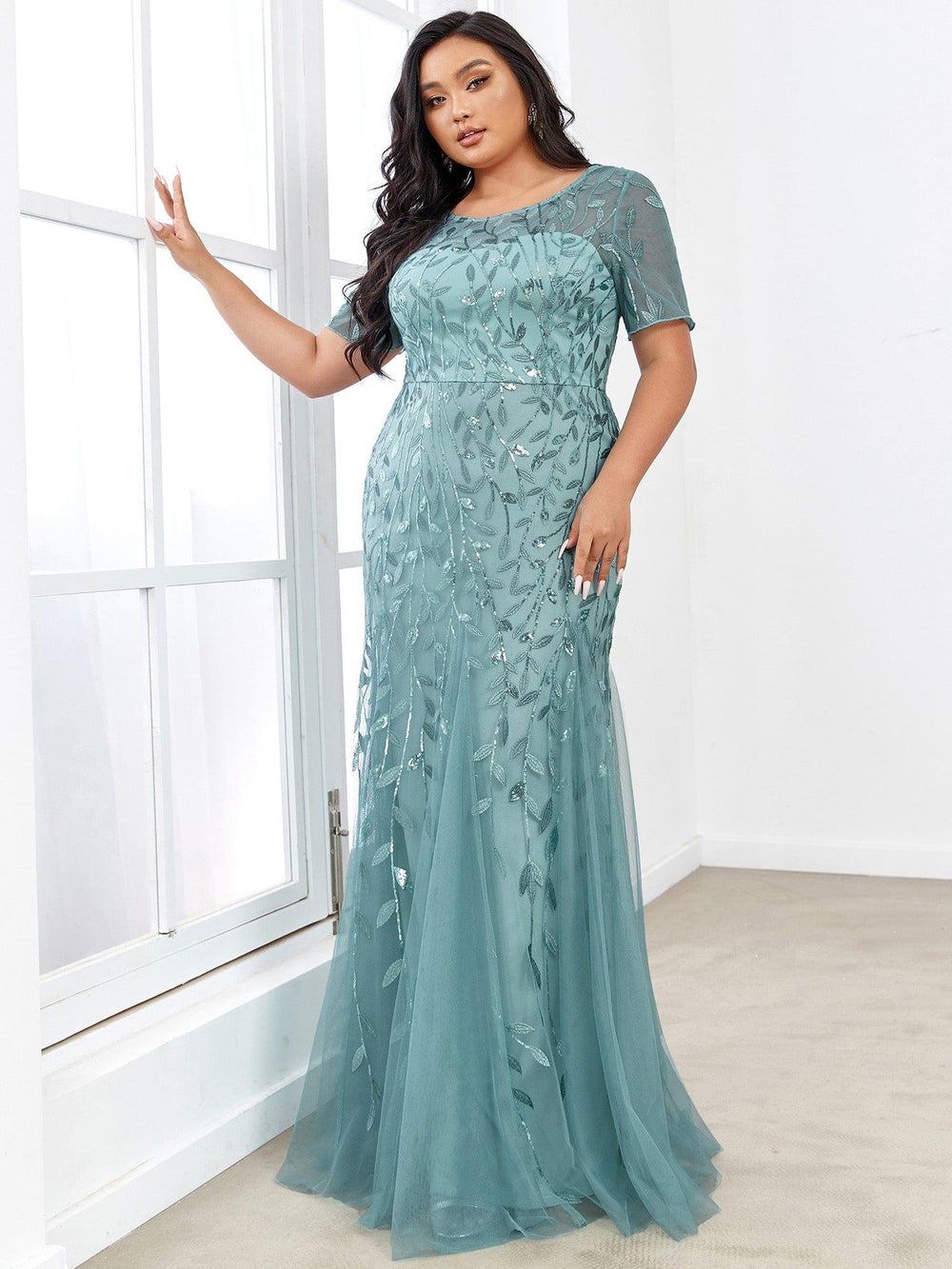 Plus Size Floral Sequin Print Fishtail Tulle Dresses for Party