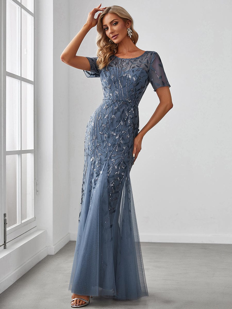 Floral Sequin Maxi Fishtail Tulle Prom Dress with Half Sleeve #Color_Dusty Navy