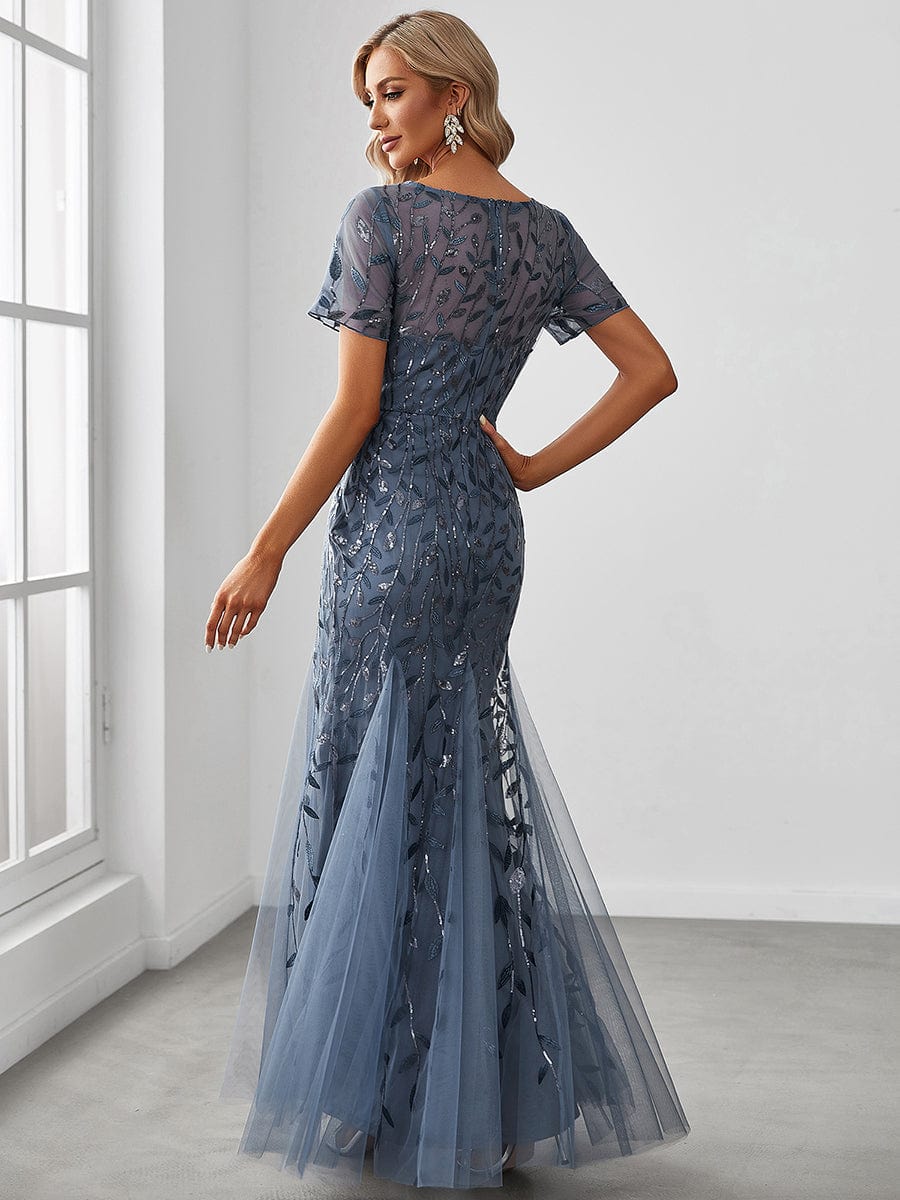 Floral Sequin Maxi Fishtail Tulle Prom Dress with Half Sleeve #Color_Dusty Navy