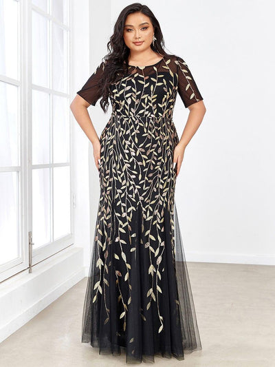 Floral Sequin Print Plus Size Mermaid Tulle Evening Dress #color_Black & Gold 