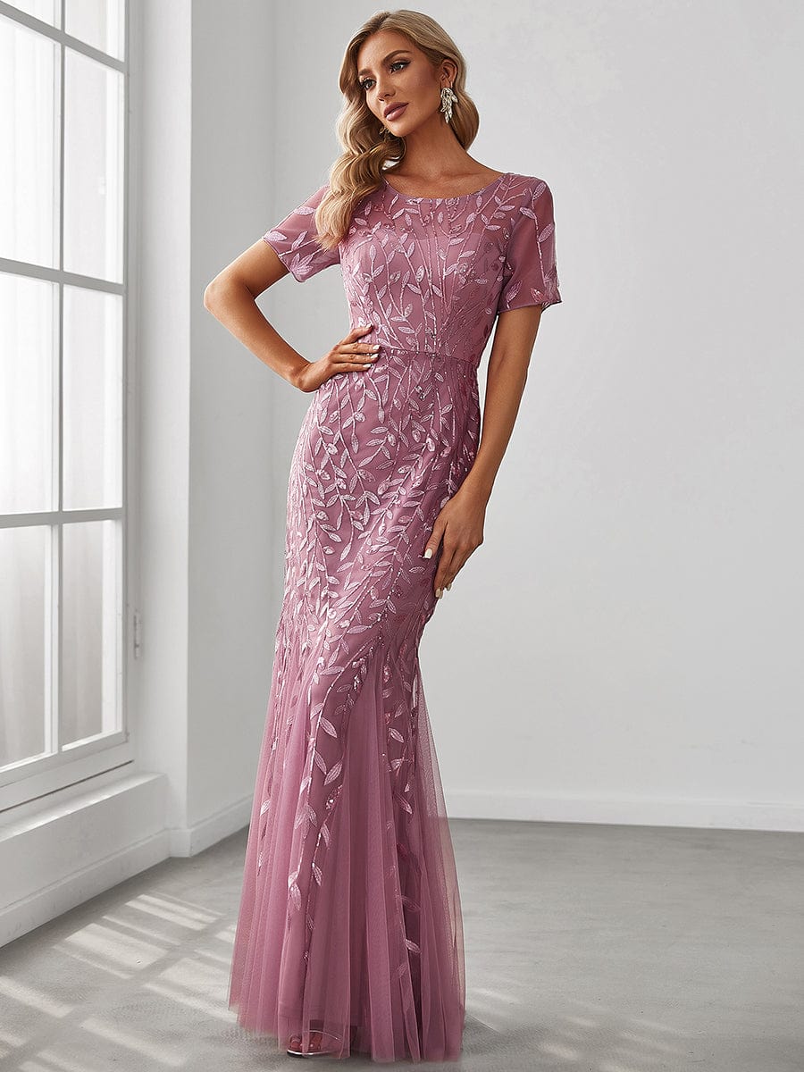 Floral Sequin Print Maxi Long Fishtail Tulle Dresses With Half Sleeve #Color_Purple Orchid