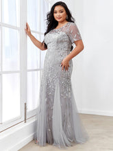 Floral Sequin Print Plus Size Mermaid Tulle Evening Dress #color_Silver 