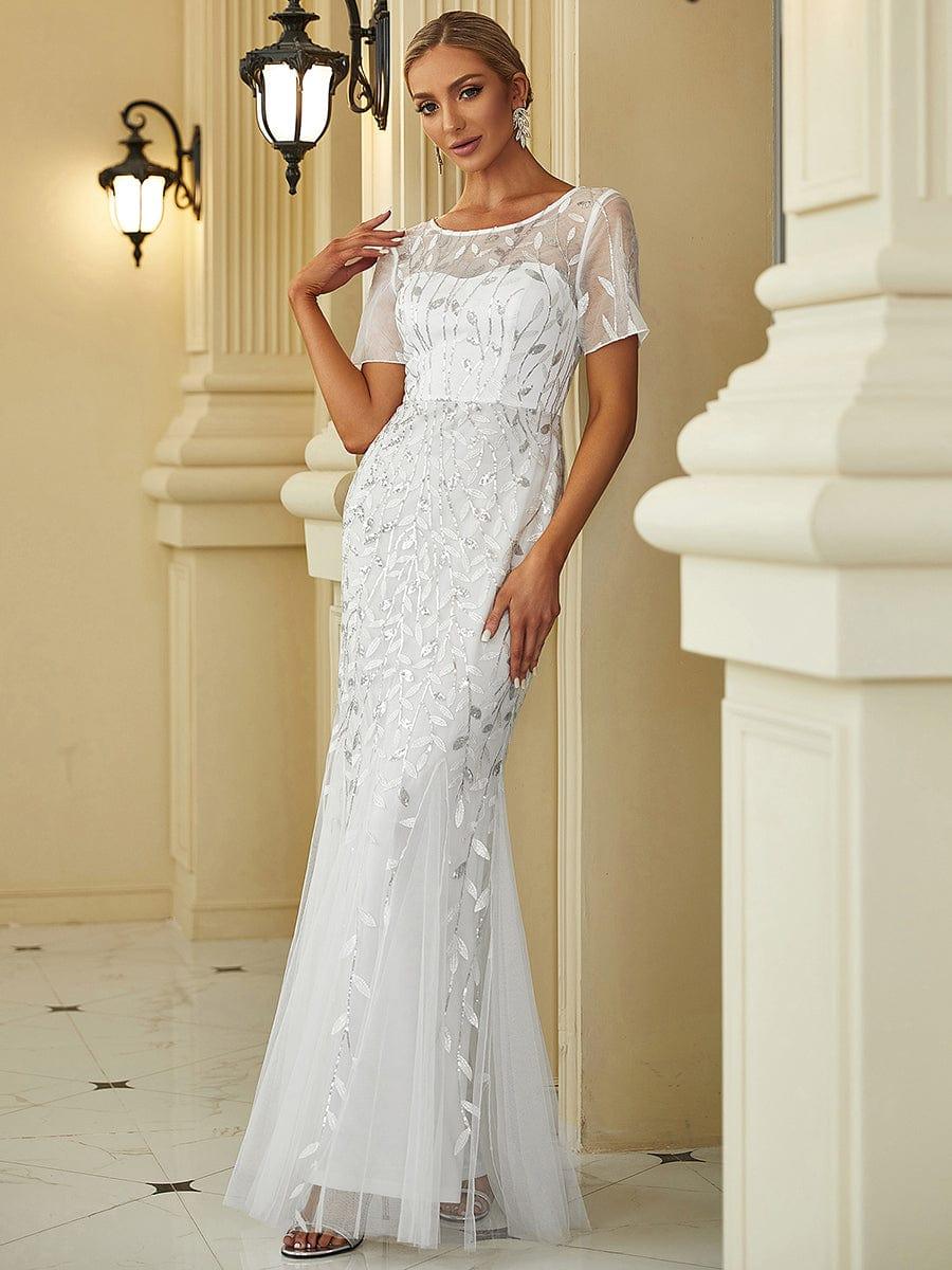 Floral Sequin Maxi Fishtail Tulle Prom Dress with Half Sleeve #Color_White